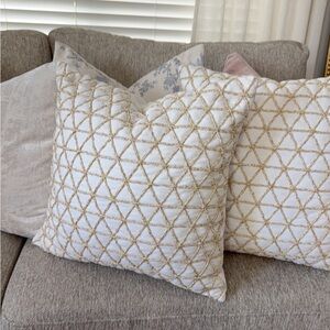 White Decorative Throw Pillow with Gold Lattice Trim